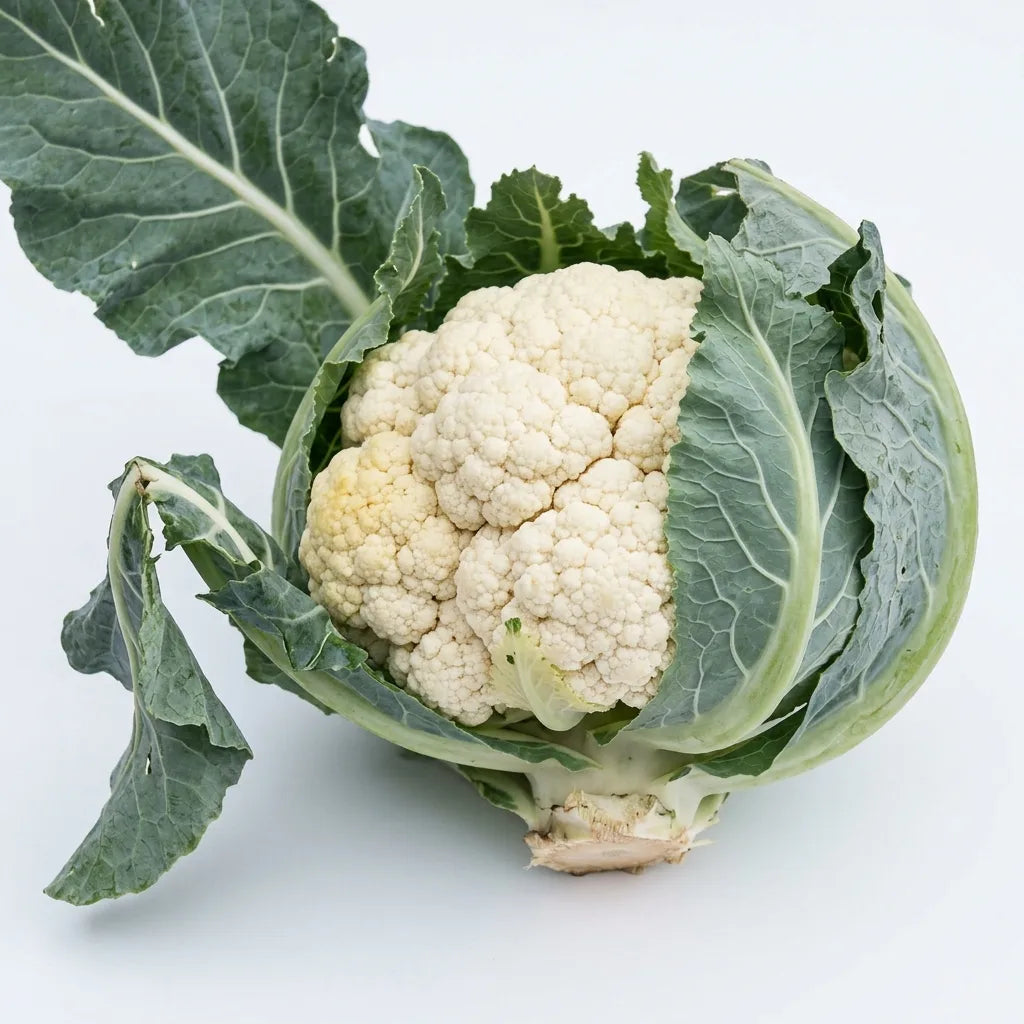 Chou-fleur entier et ses feuilles enveloppantes, sur fond blanc — SemiSauvage