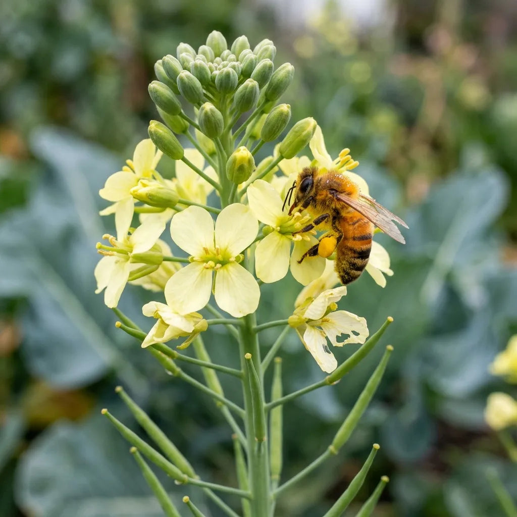Abeille sur la hampe fleurie d'un chou-fleur monté à graines — SemiSauvage