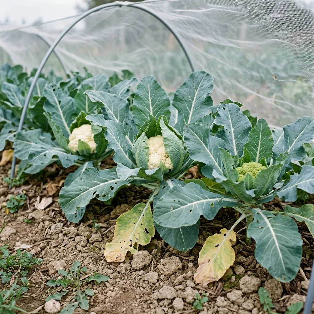 Rang de choux-fleurs au potager, pommes protégées sous les feuilles rabattues — SemiSauvage