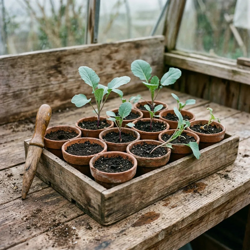 Semis de chou-fleur en godets, cotylédons en cœur échancré — SemiSauvage