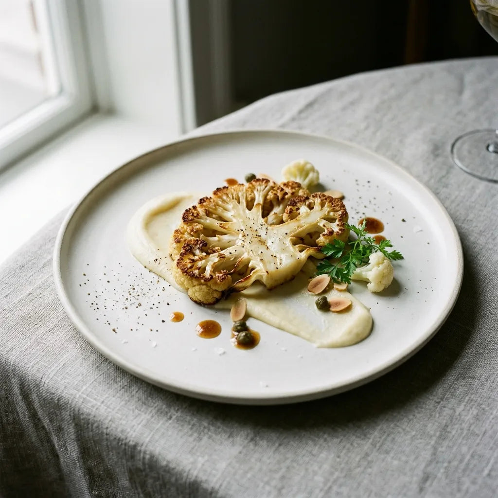 Steak de chou-fleur rôti sur purée, dressage gastronomique — SemiSauvage