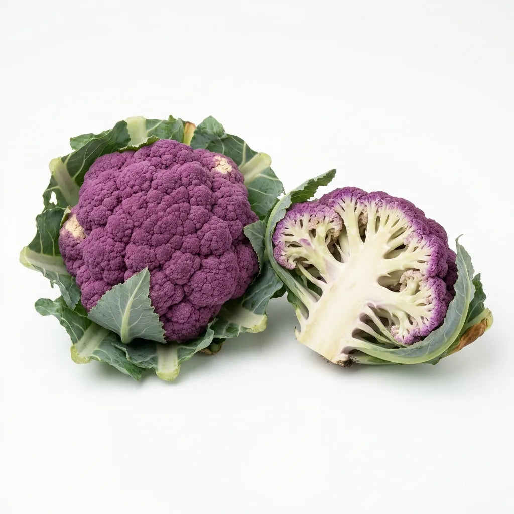 Pommes de chou-fleur violet (Brassica oleracea var. botrytis) entière et coupée, sur fond blanc — SemiSauvage