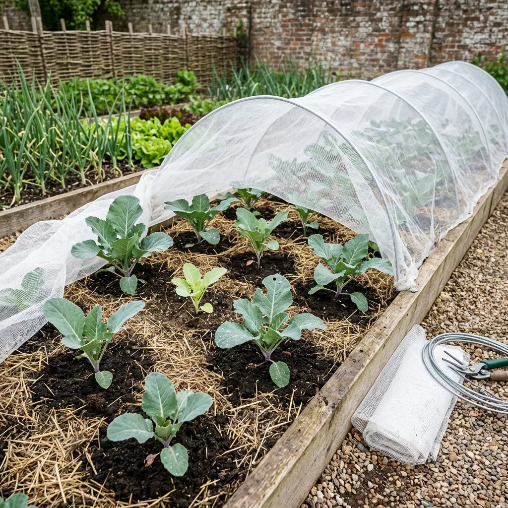Jeunes plants de chou-fleur violet (Brassica oleracea var. botrytis) sous filet anti-insectes — SemiSauvage