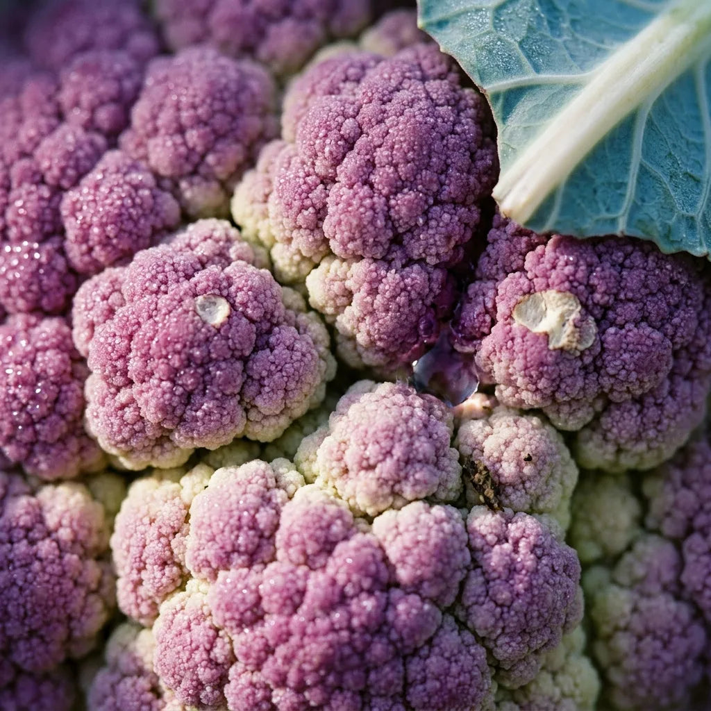 Pomme de chou-fleur violet (Brassica oleracea var. botrytis) couverte de rosée en gros plan — SemiSauvage