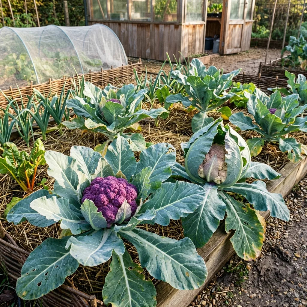 Choux-fleurs violets (Brassica oleracea var. botrytis) au potager, coloration au soleil — SemiSauvage