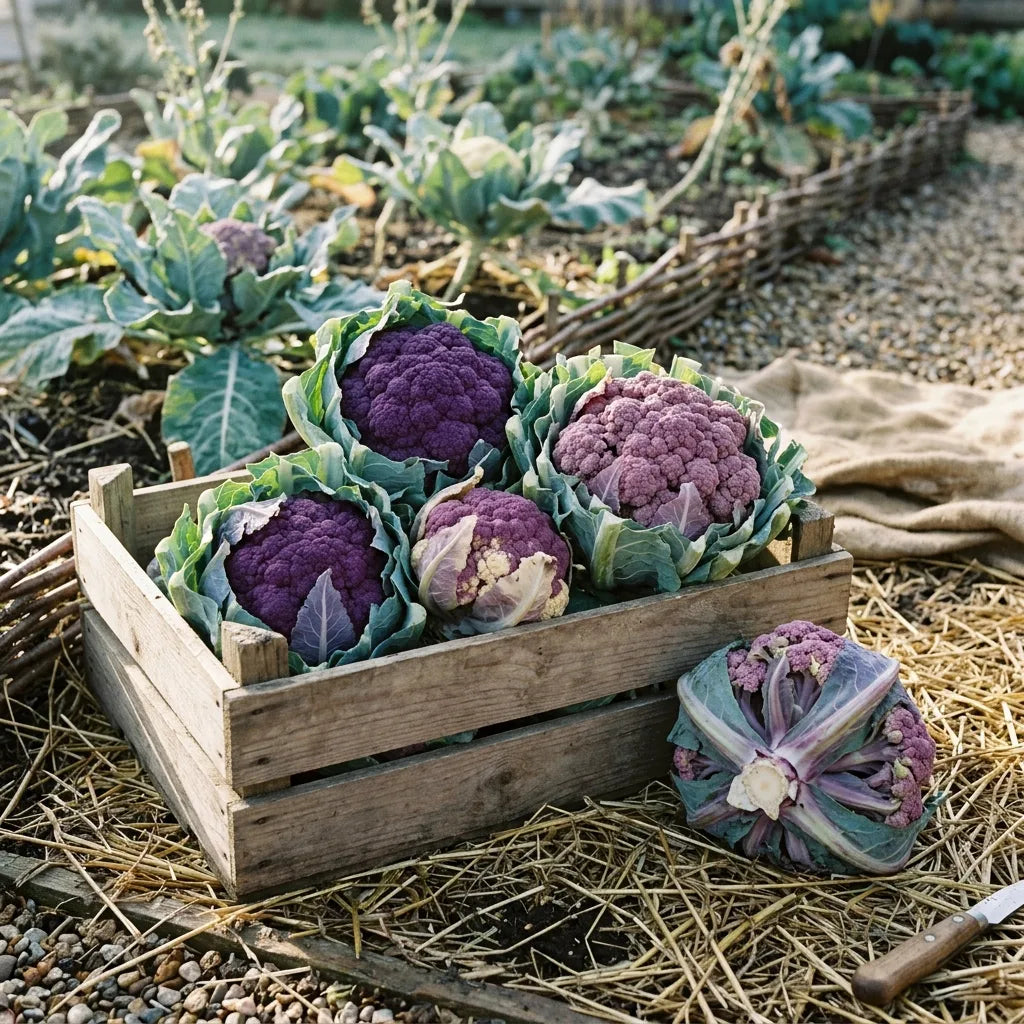 Récolte de choux-fleurs violets (Brassica oleracea var. botrytis) en cageot — SemiSauvage