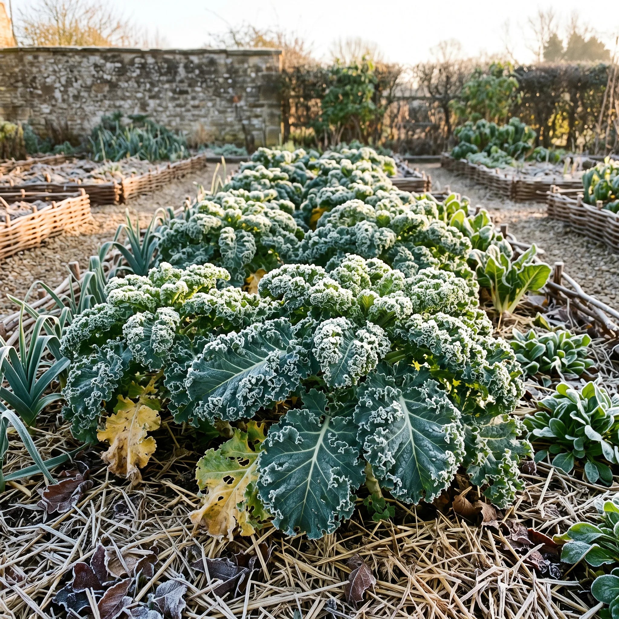 Chou kale demi-nain couvert de givre au potager en hiver