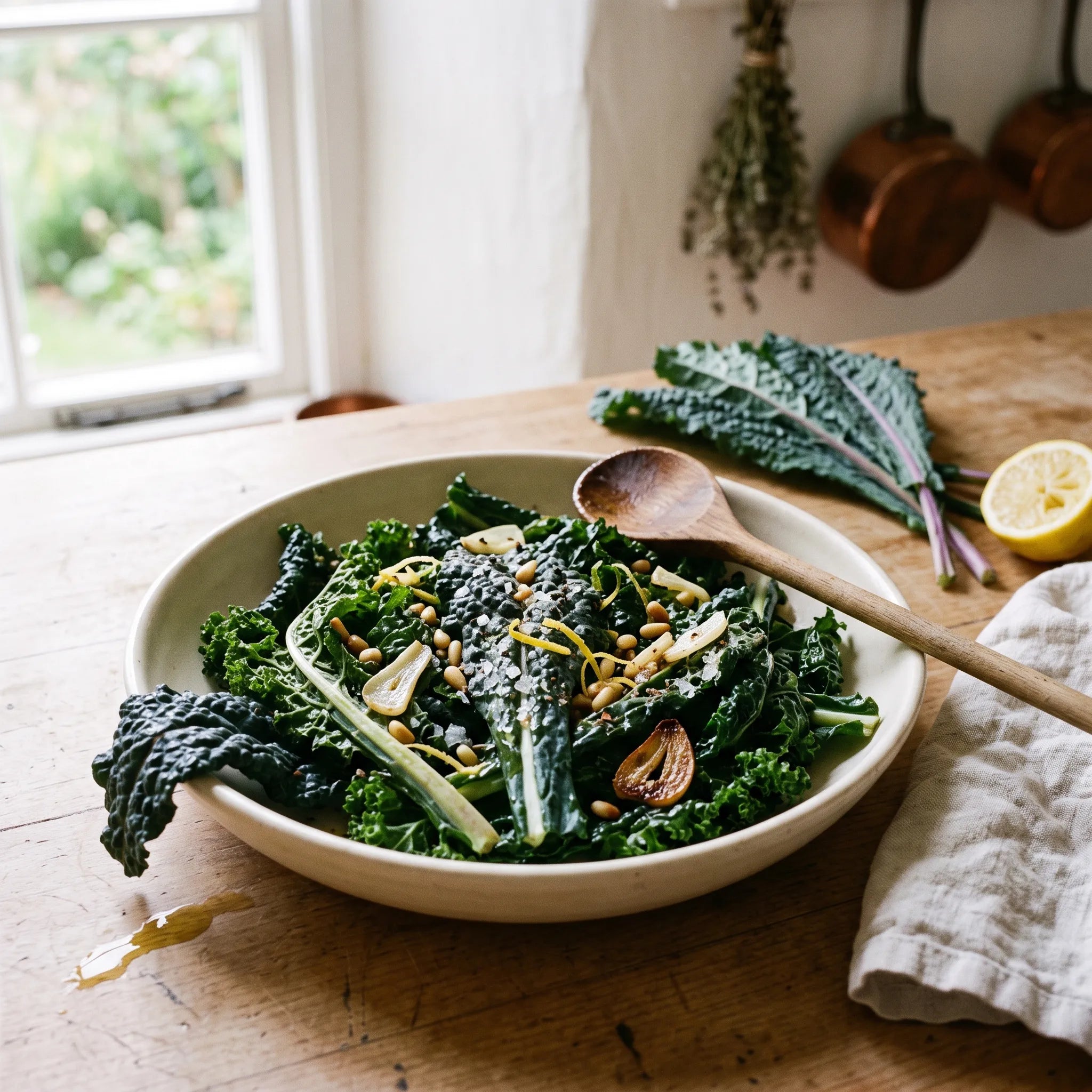 Poêlee de chou kale à l'ail, aux pignons et au citron