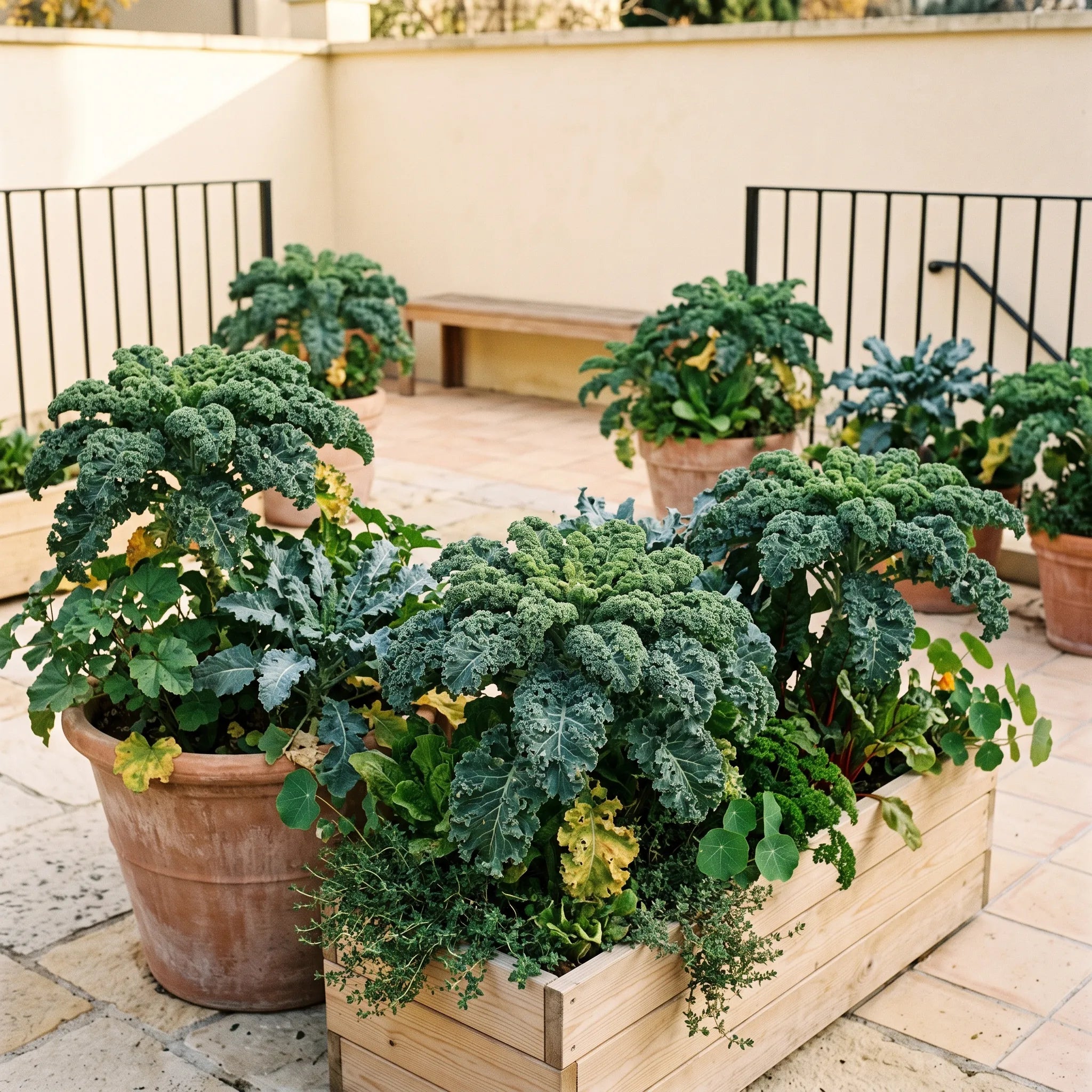 Chou kale demi-nain cultivé en pot et en jardinière sur une terrasse