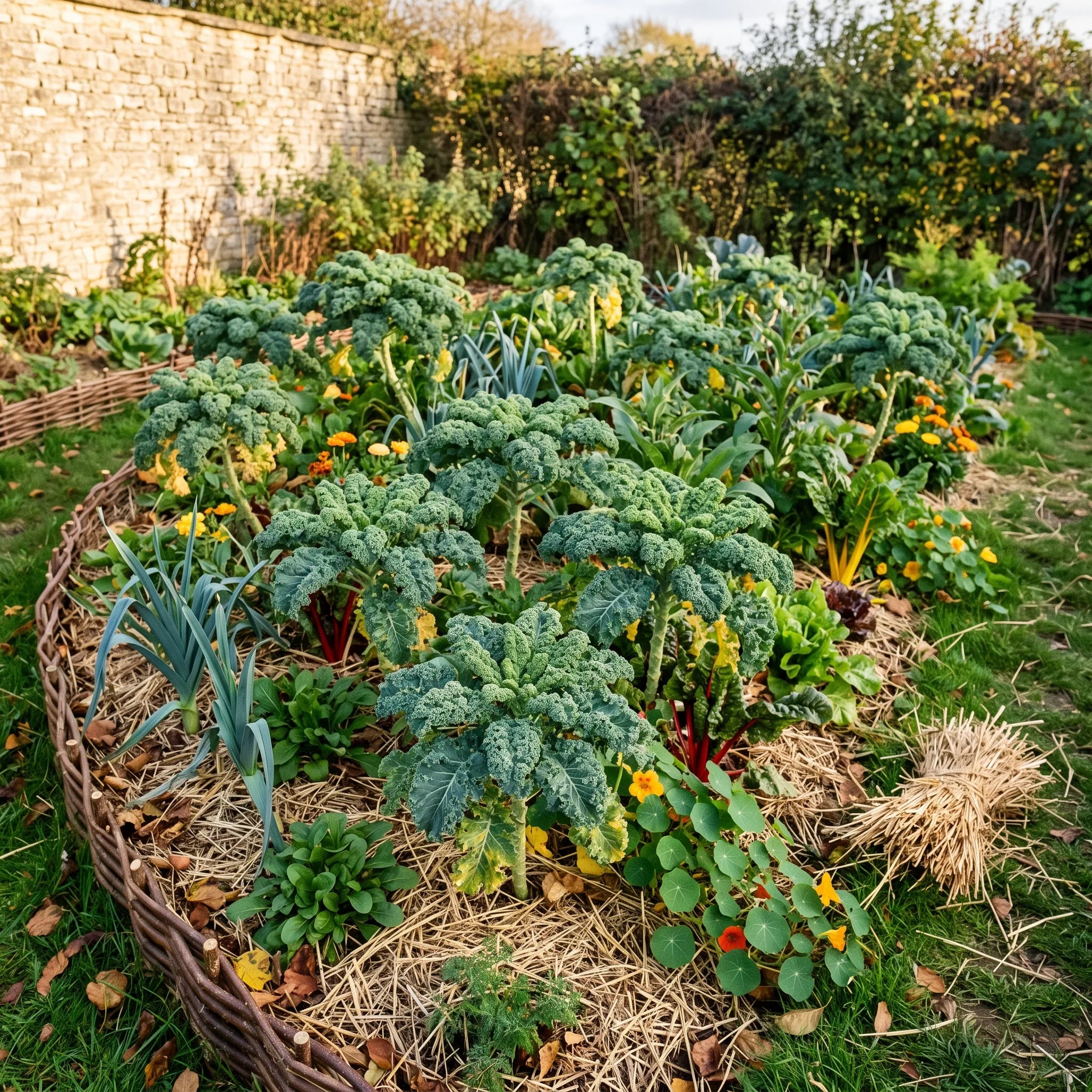 Planche de chou kale en association dans un potager en permaculture