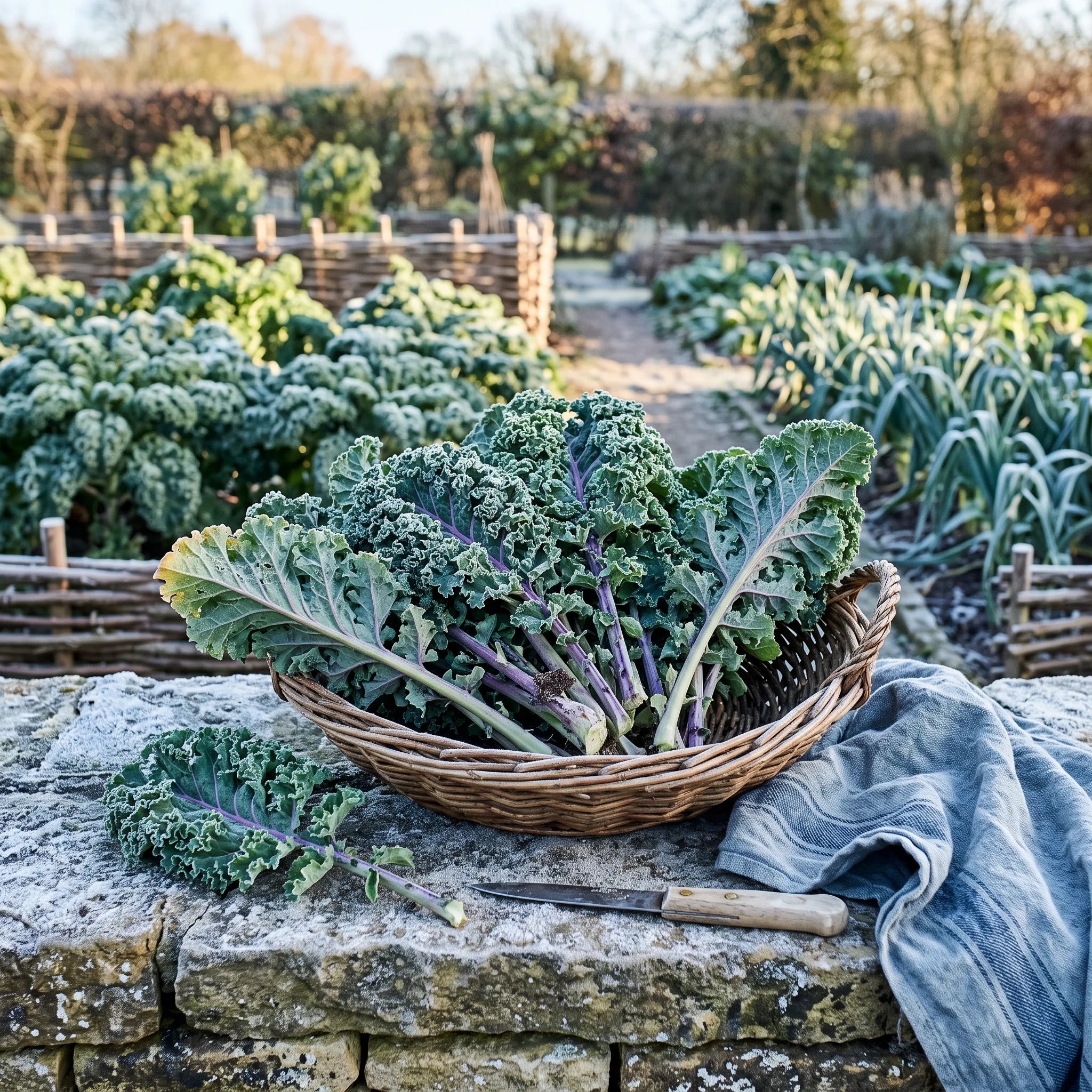 Récolte hivernale de feuilles de chou kale dans un panier d'osier