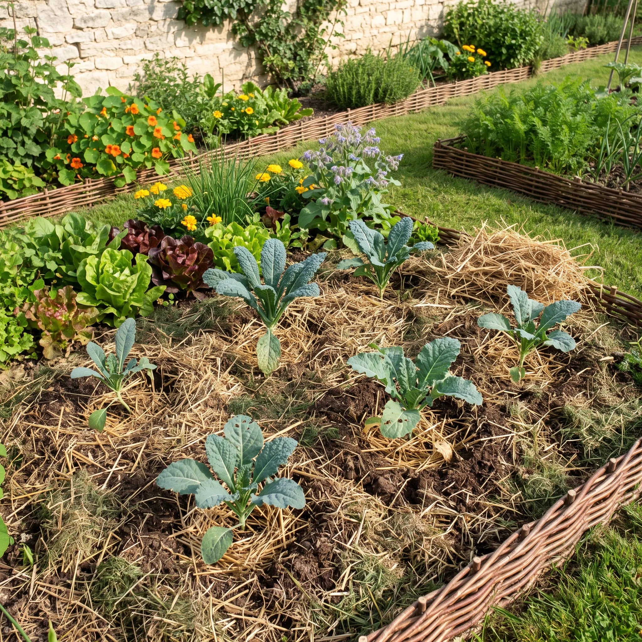 Repiquage des jeunes plants de chou kale sur sol paillé