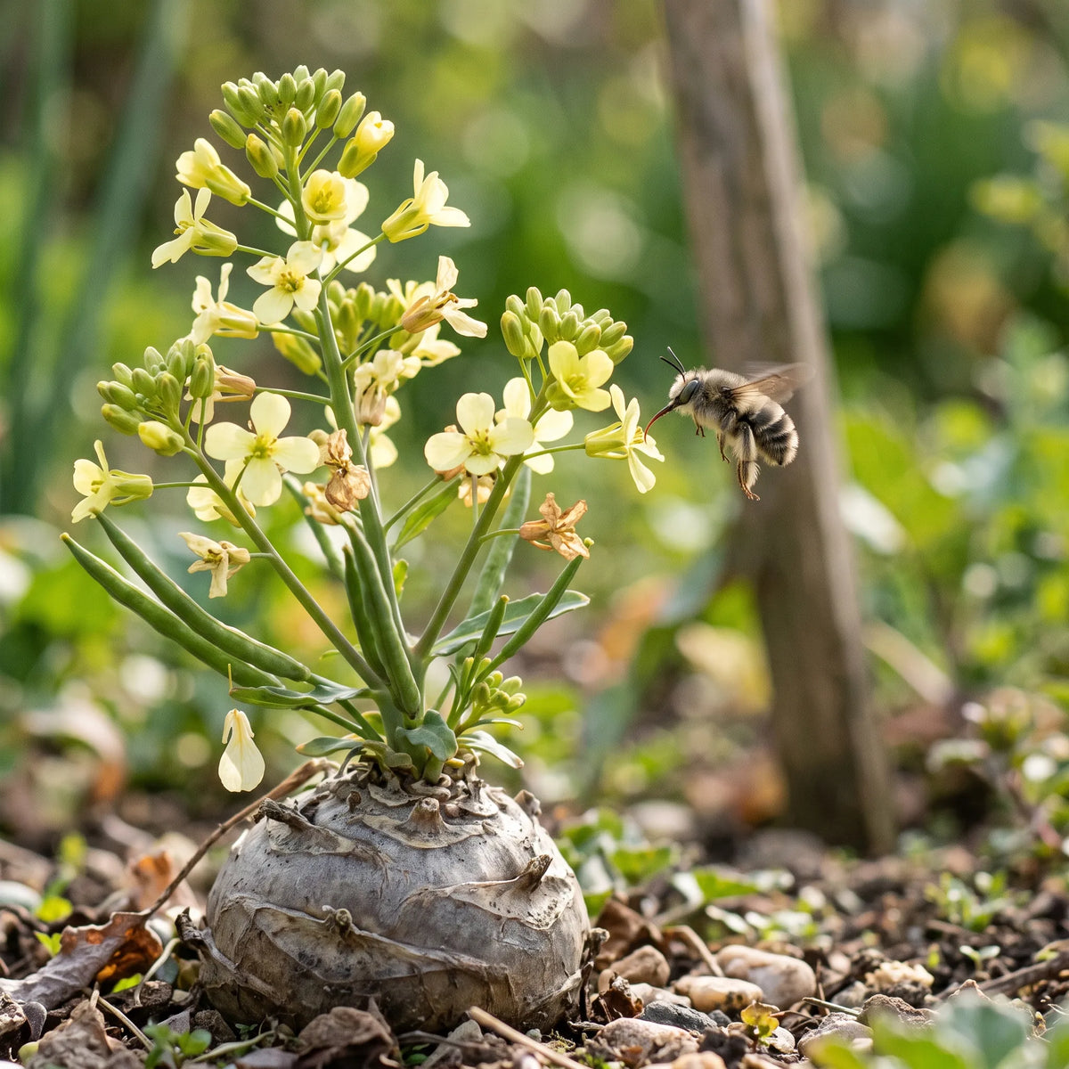 Chou-rave blanc porte-graines en deuxième année, fleurs jaunes mellifères et anthophore plumeuse