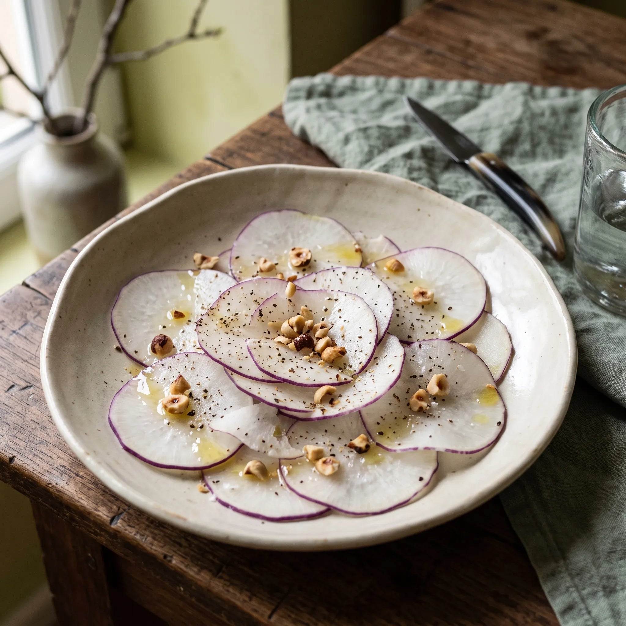 Carpaccio de chou-rave Delicatess Violet cru aux noisettes dans une assiette en grès