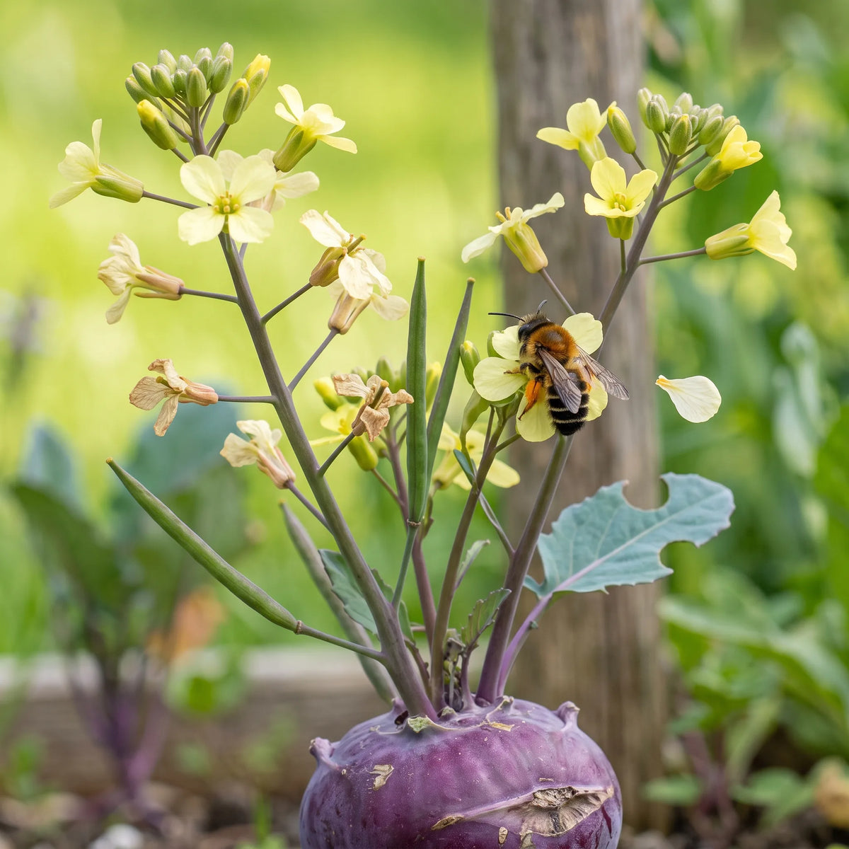 Chou-rave Delicatess Violet porte-graines en deuxième année, fleurs jaunes mellifères et mégachile