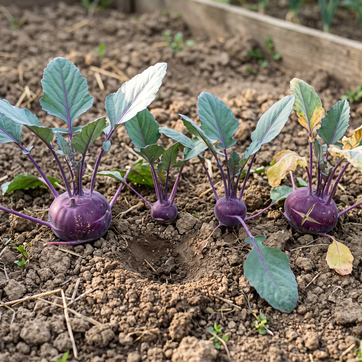 Rang de chou-raves Delicatess Violet au potager, boules violettes posées au ras du sol