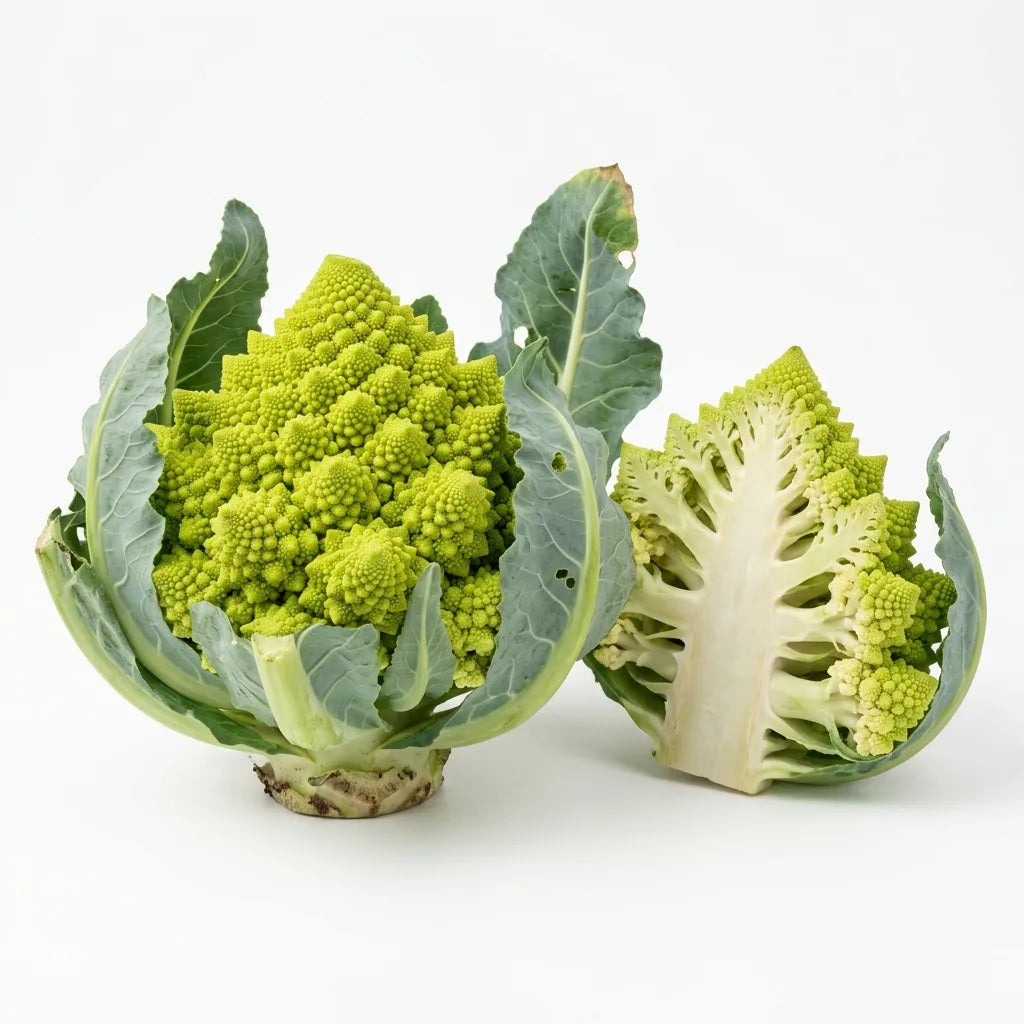 Pommes de chou Romanesco (Brassica oleracea var. botrytis) entière et coupée, sur fond blanc — SemiSauvage