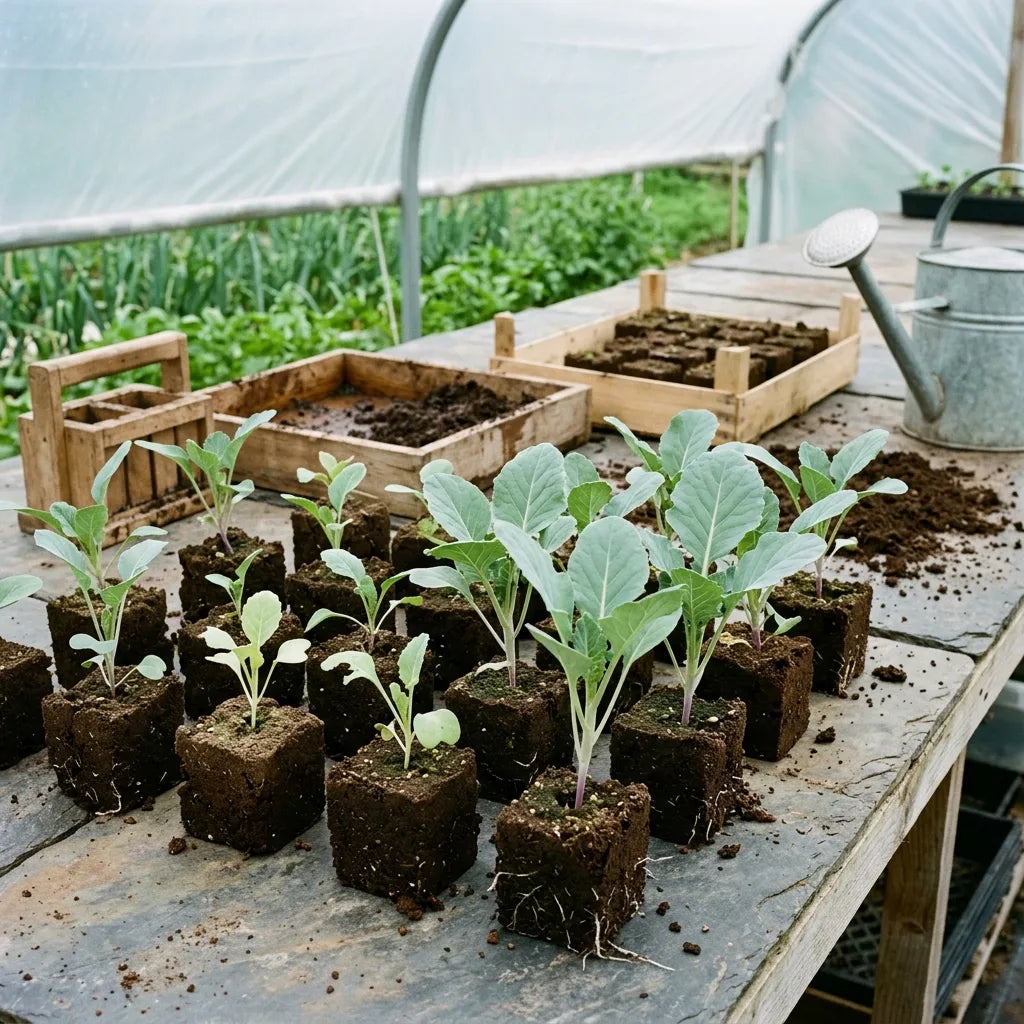 Jeunes plants de chou Romanesco (Brassica oleracea var. botrytis) en mottes pressées — SemiSauvage