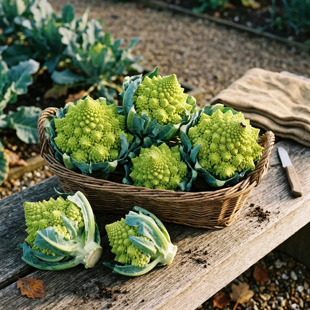 Récolte de choux Romanesco (Brassica oleracea var. botrytis) en panier — SemiSauvage