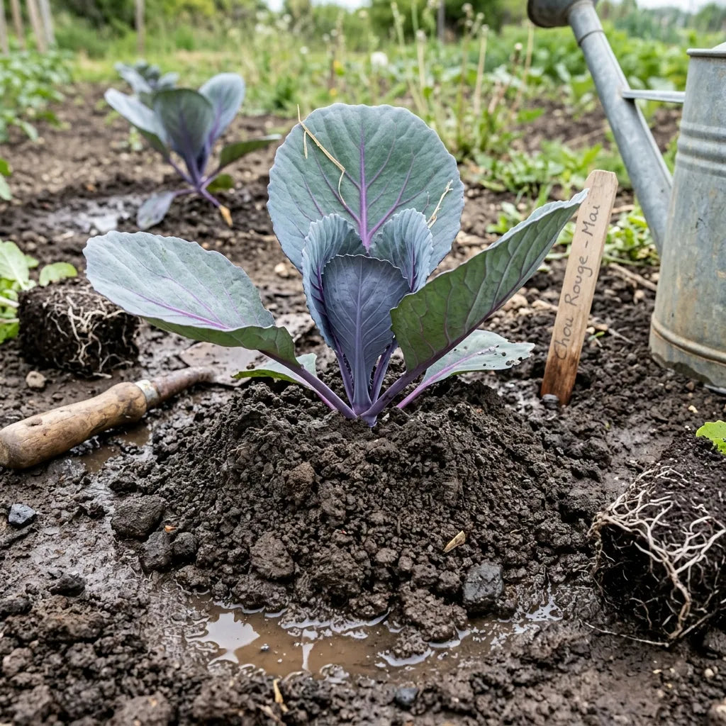 Jeune plant de chou rouge repiqué profond et butté au potager — SemiSauvage