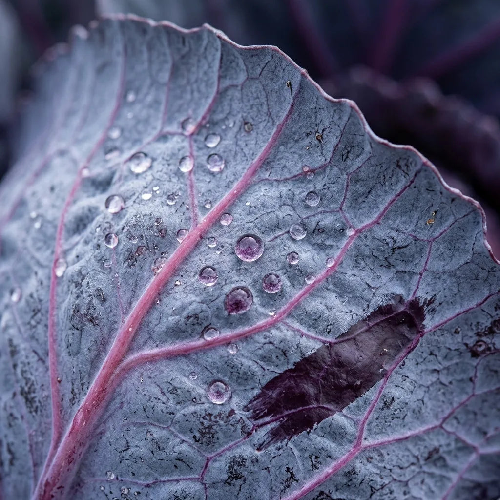 Macro d'une feuille de chou rouge : pruine cirée bleutée et gouttes d'eau en billes — SemiSauvage