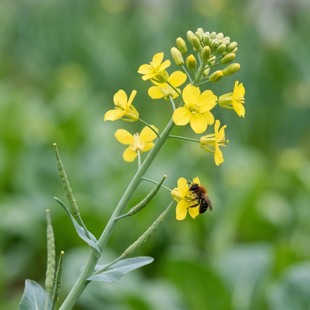 Tatsoi monté à fleurs : grappes jaunes mellifères et jeunes siliques, visitées par une abeille solitaire — SemiSauvage