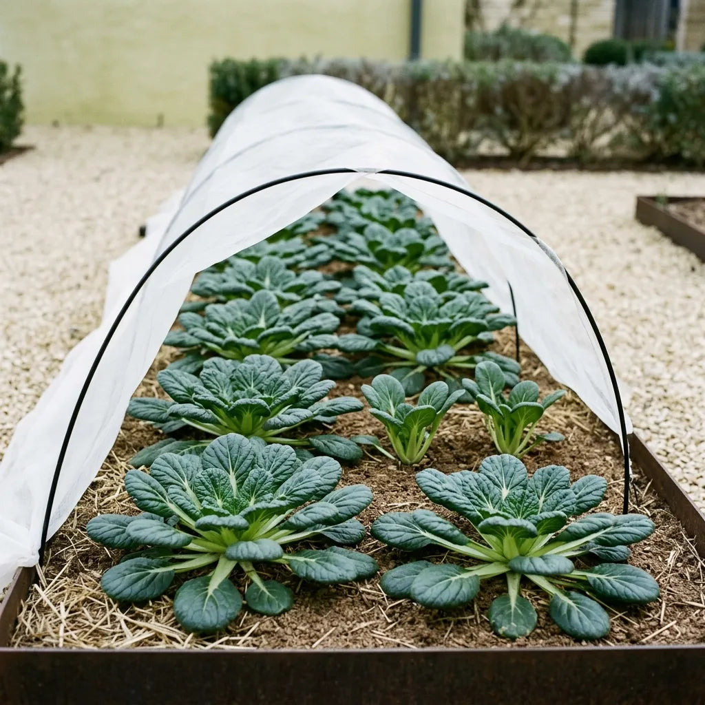 Planche de tatsoi protégée par un voile anti-insectes contre les altises — SemiSauvage