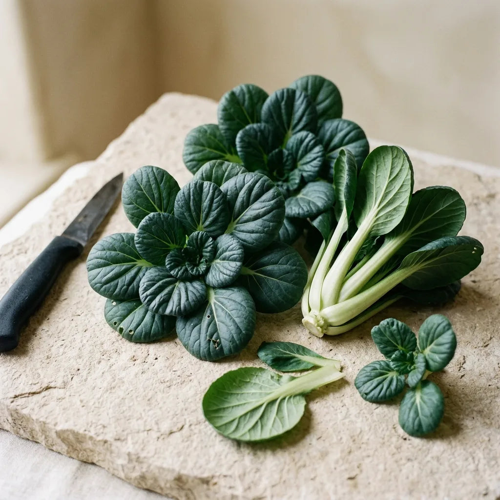 Récolte de rosettes de tatsoi coupées au collet, posées sur une tablette de pierre claire — SemiSauvage