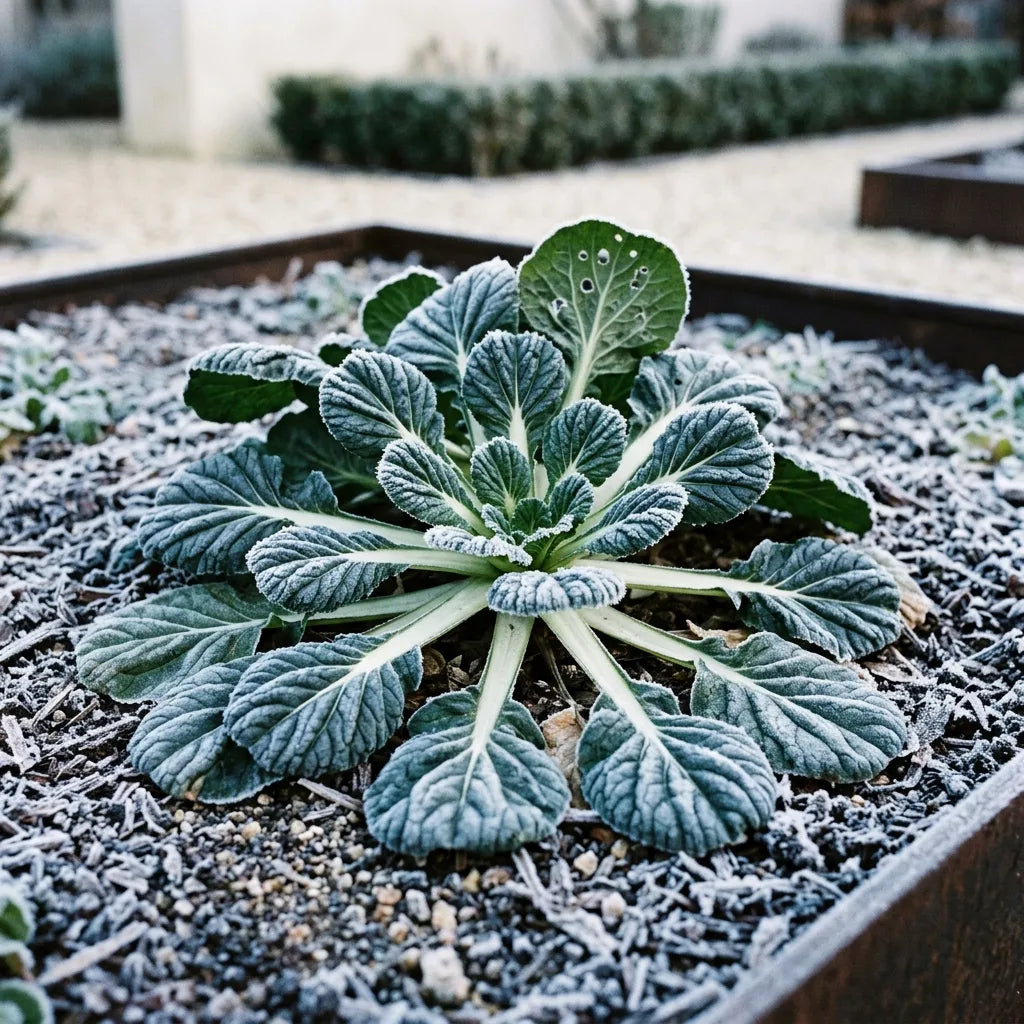 Rosette de tatsoi prise dans la gelée blanche, légume-feuille très rustique récolté en hiver — SemiSauvage