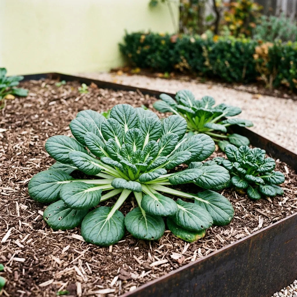 Rosette de tatsoi plaquée au sol au potager, feuilles étagées en spirale et pétioles blanc-vert — SemiSauvage
