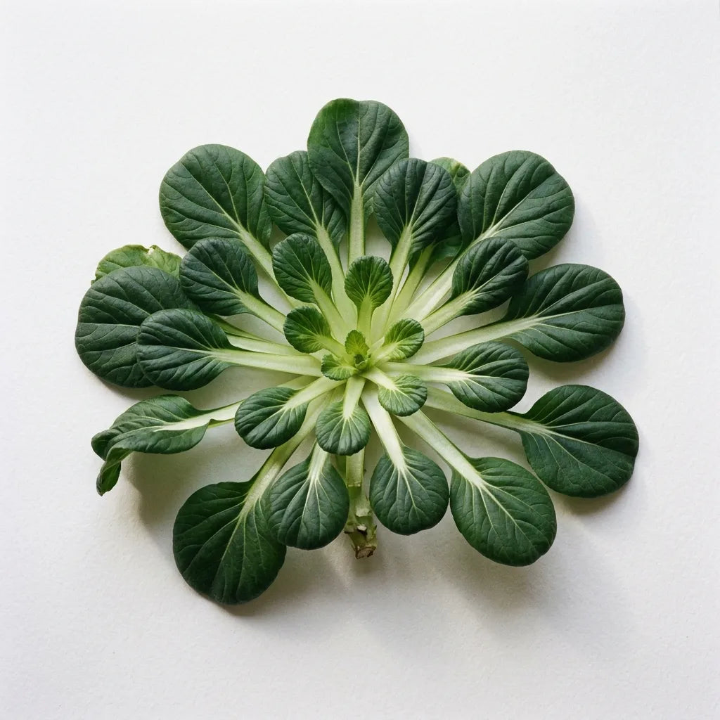 Rosette de chou tatsoi (Brassica rapa var. rosularis) sur fond blanc : étoile plate de feuilles rondes en cuillère — SemiSauvage