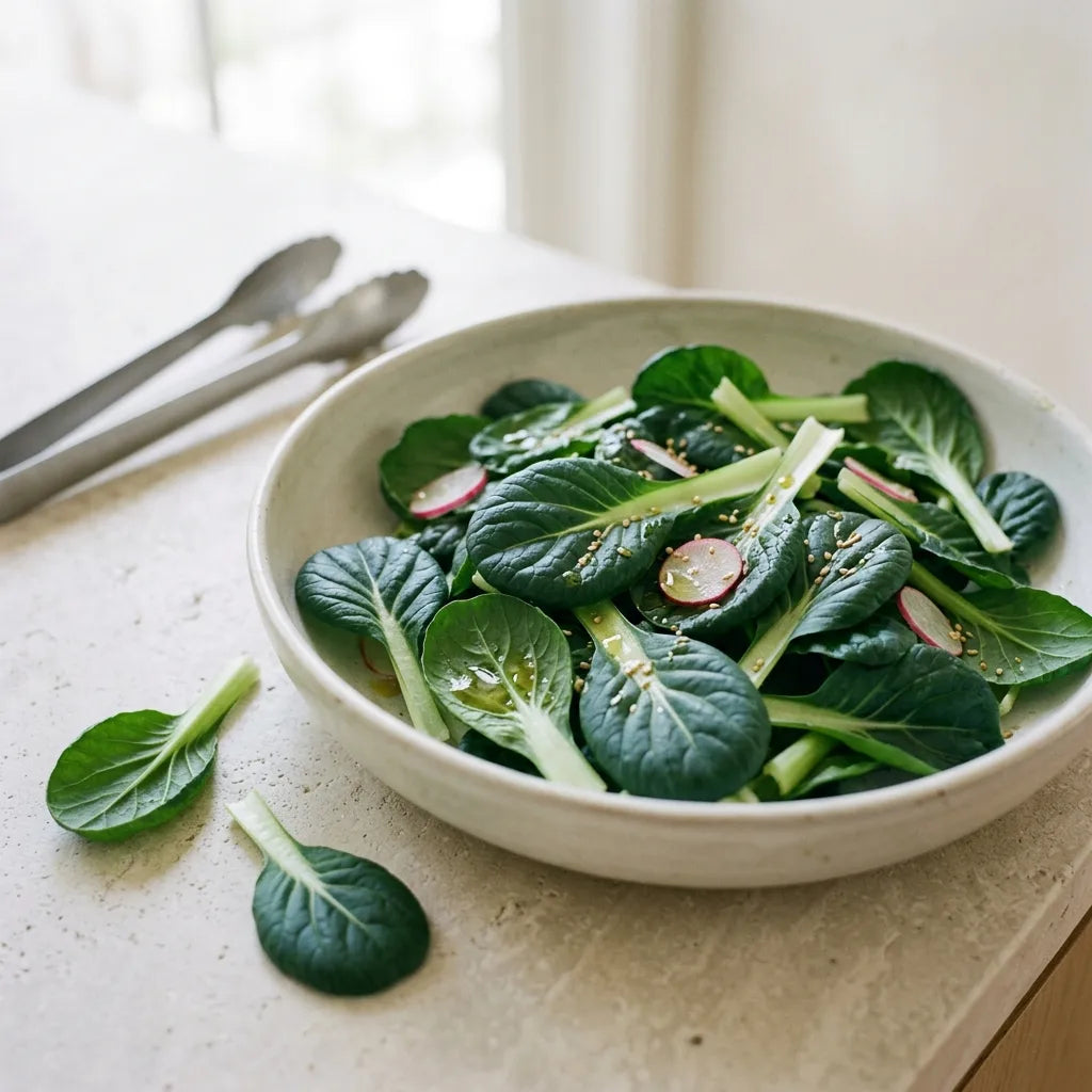 Salade de jeunes feuilles de tatsoi crues, radis et graines de sésame — SemiSauvage