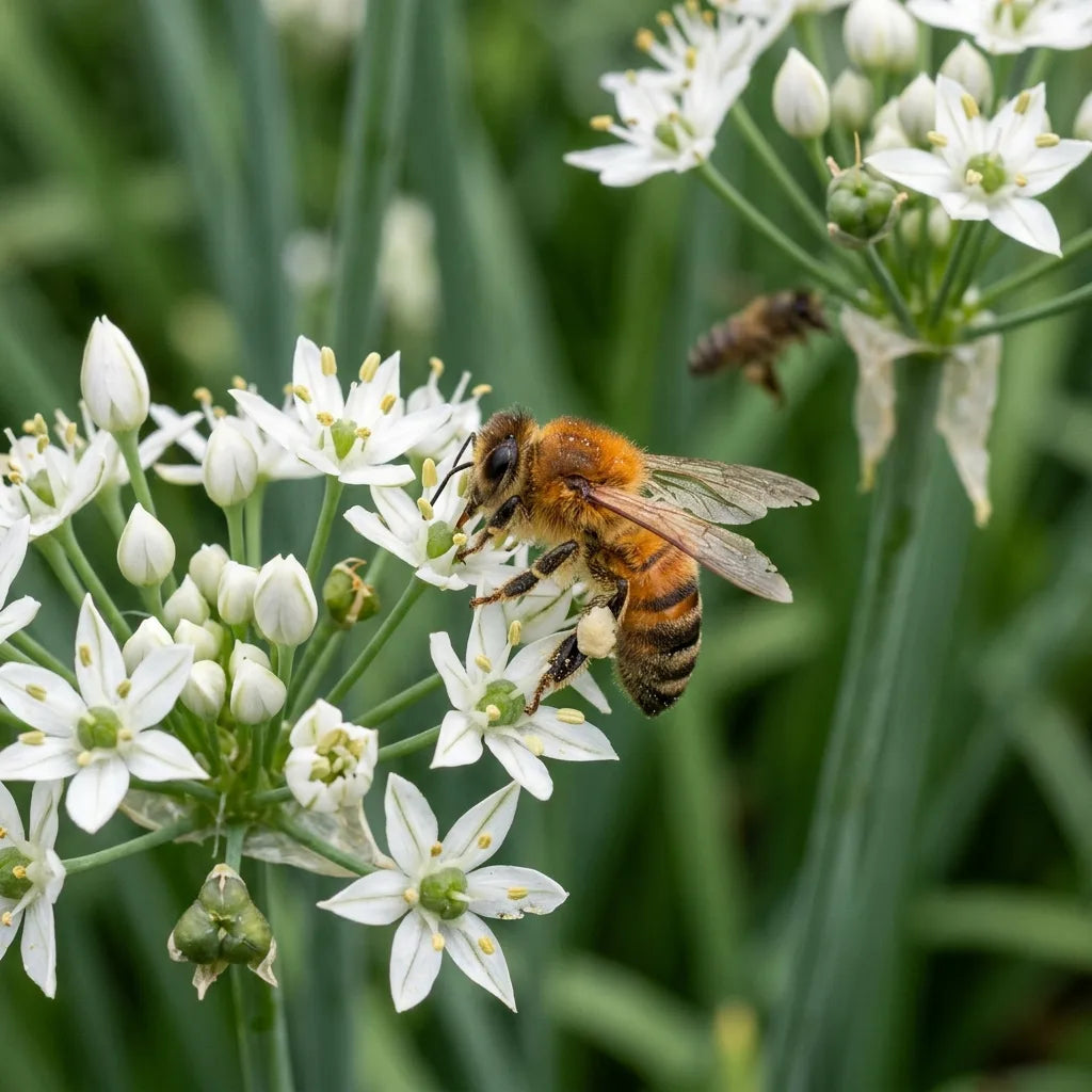 Abeille butinant les fleurs tardives de la ciboule de Chine — SemiSauvage