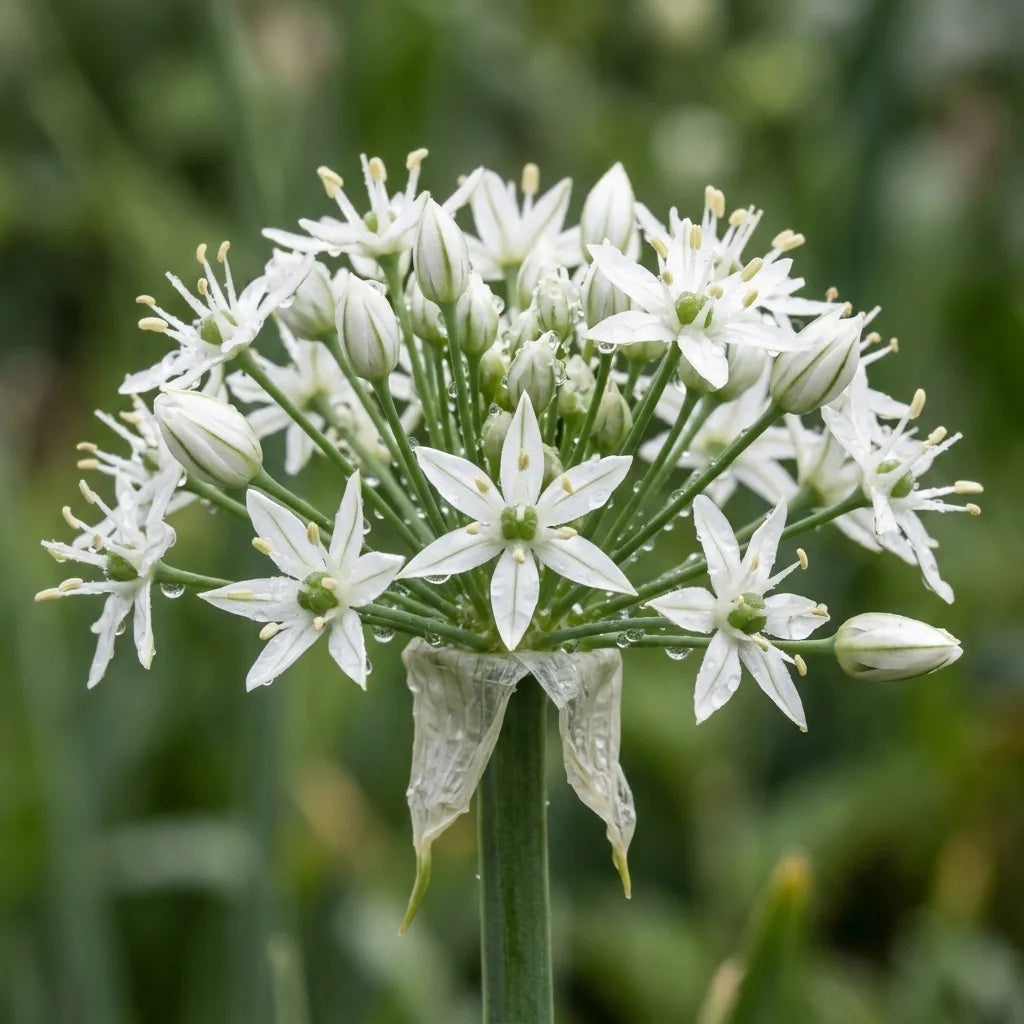 Ombelle plate de fleurs blanches étoilées de ciboule de Chine, macro — SemiSauvage