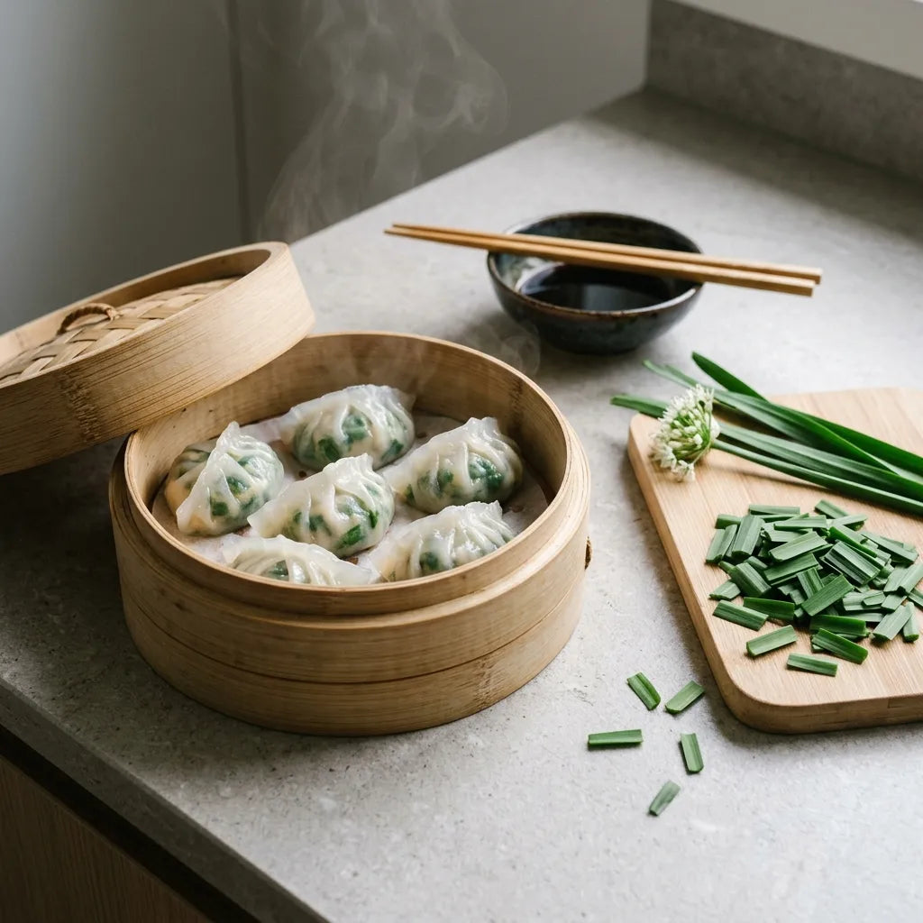 Raviolis vapeur à la ciboule de Chine et feuilles émincées — SemiSauvage