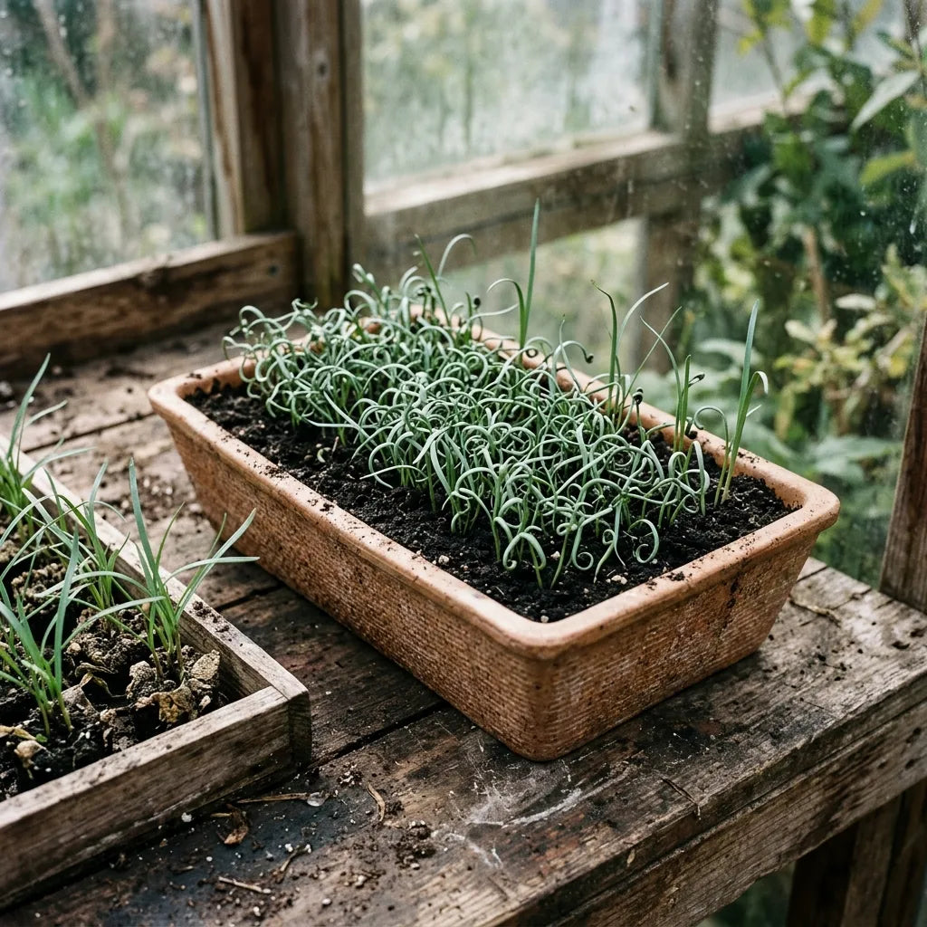 Semis de ciboule de Chine en terrine, plantules en crosse — SemiSauvage