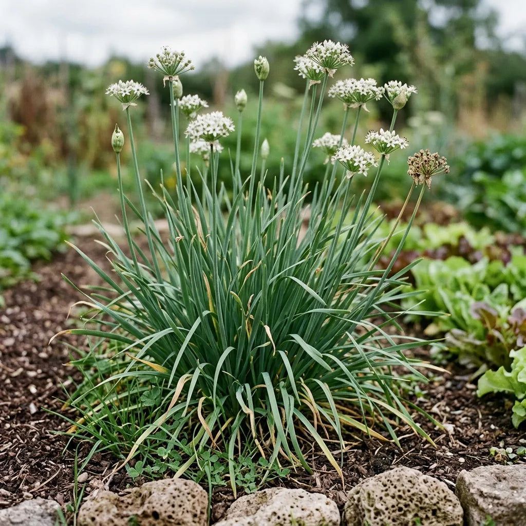 Touffe vivace de ciboule de Chine en fleurs au potager — SemiSauvage