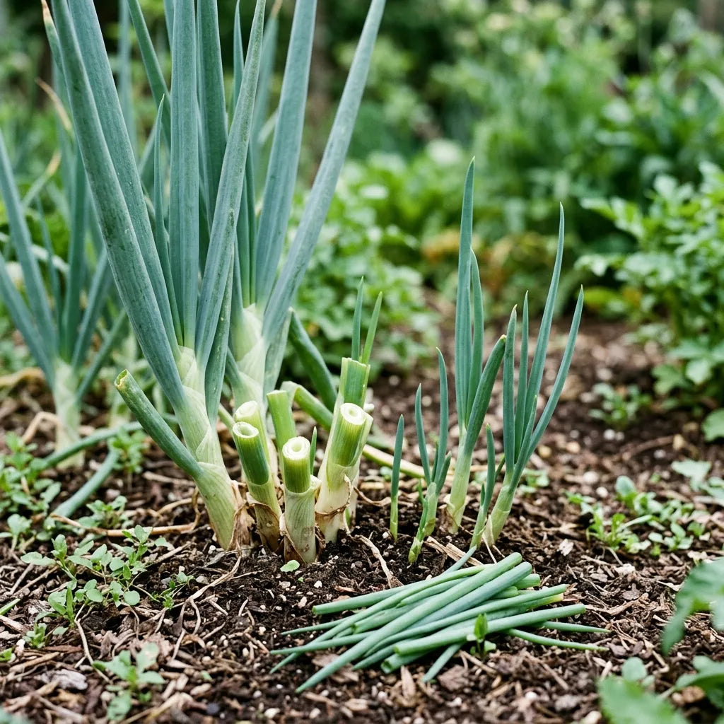 Récolte par coupe de la ciboule vivace Ishikura, jeunes feuilles déjà repoussées sur la souche — SemiSauvage
