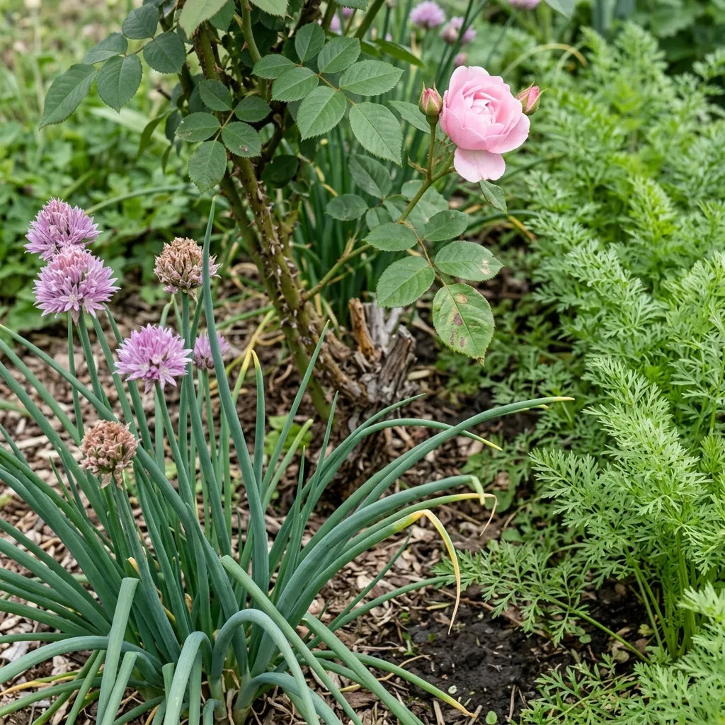 Ciboulette à feuilles larges plantée au pied d'un rosier et le long d'un rang de carottes — SemiSauvage