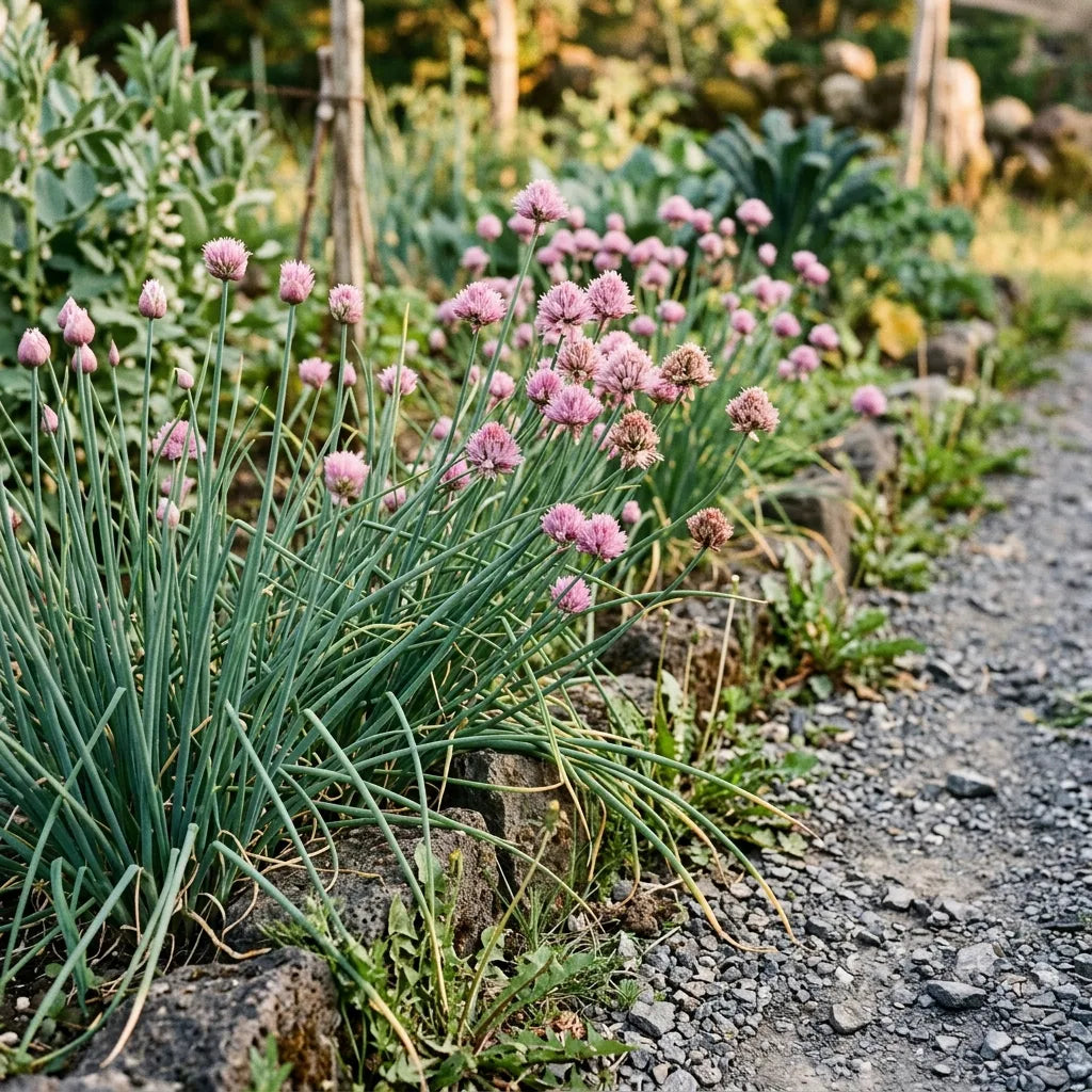 Bordure d'allée de ciboulette à feuilles larges en pleine floraison rose mauve — SemiSauvage