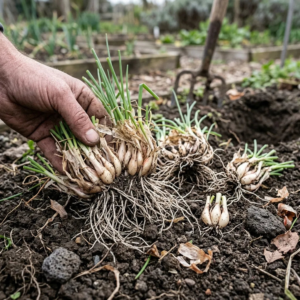 Division d'une touffe de ciboulette au printemps : bulbes allongés et chevelu racinaire — SemiSauvage