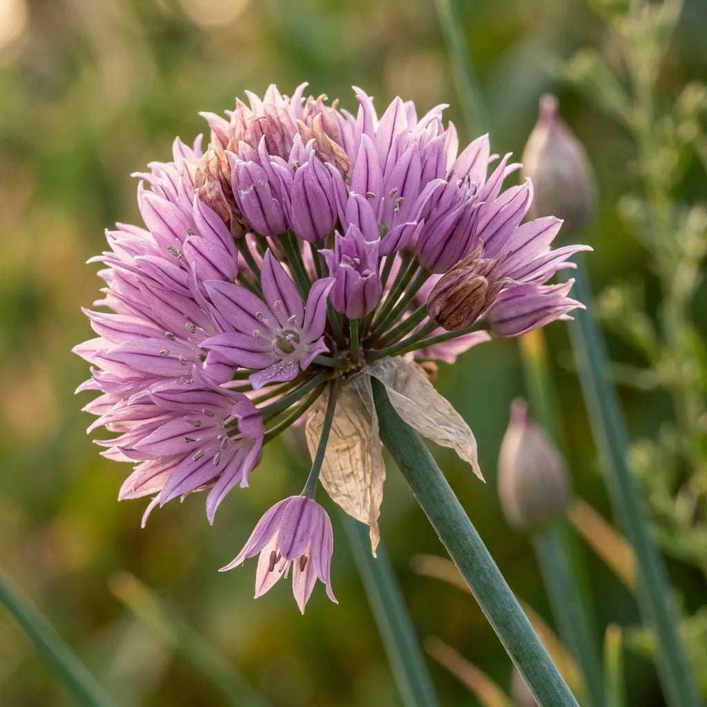 Ombelle de ciboulette à feuilles larges en macro : fleurs étoilées à six tépales — SemiSauvage