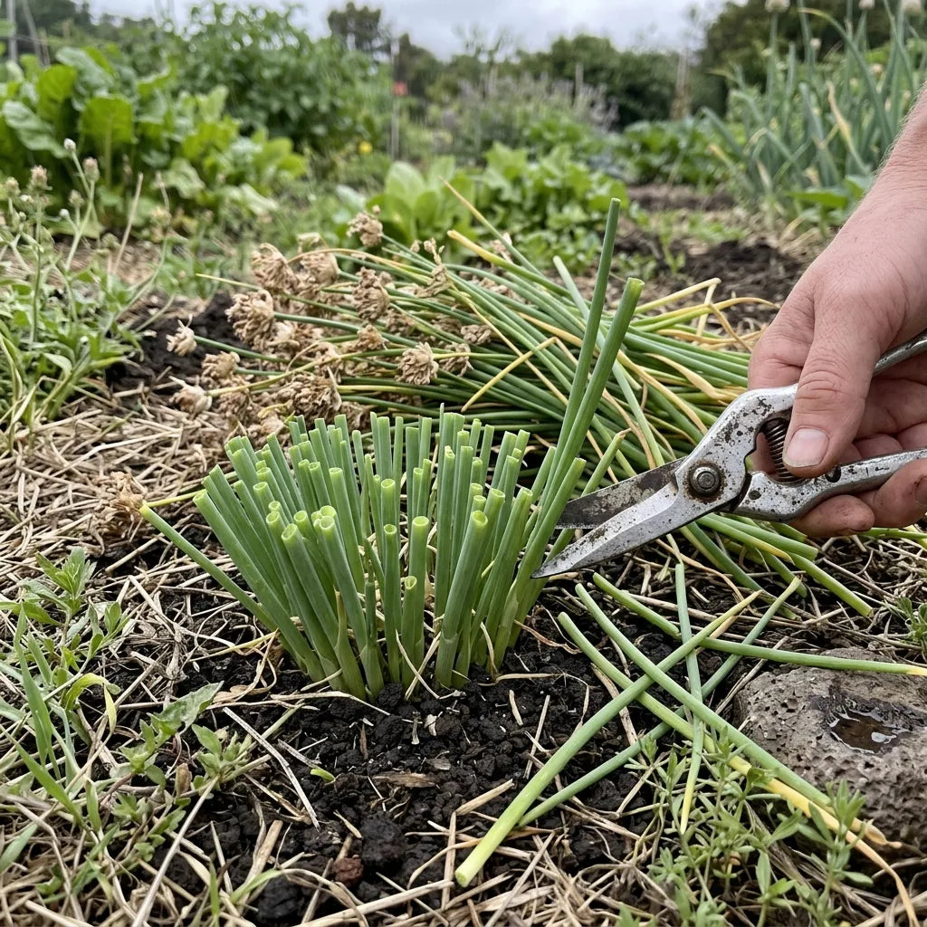 Rabattage d'une touffe de ciboulette à 5 cm aux ciseaux après la floraison — SemiSauvage