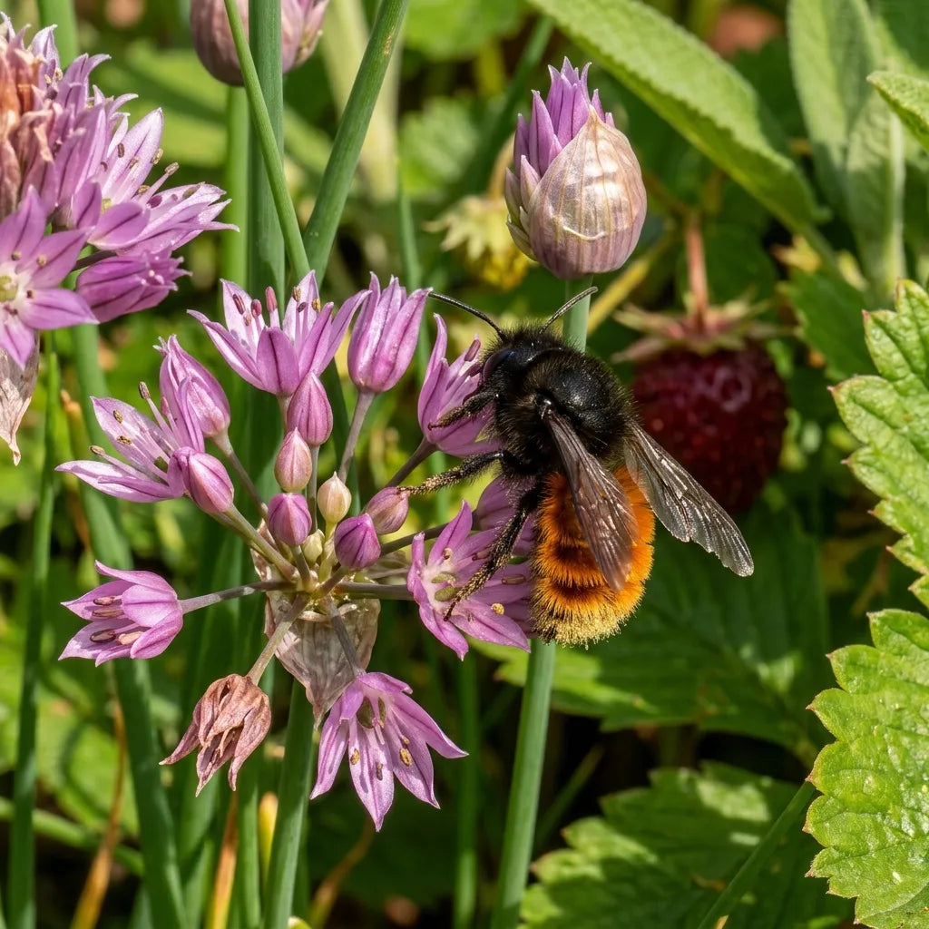 Osmie bicolore butinant une ombelle de ciboulette en fleur