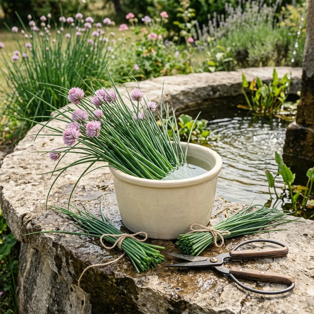 Gerbe de ciboulette fraîchement coupée dans un pot de grès au bord d'une fontaine