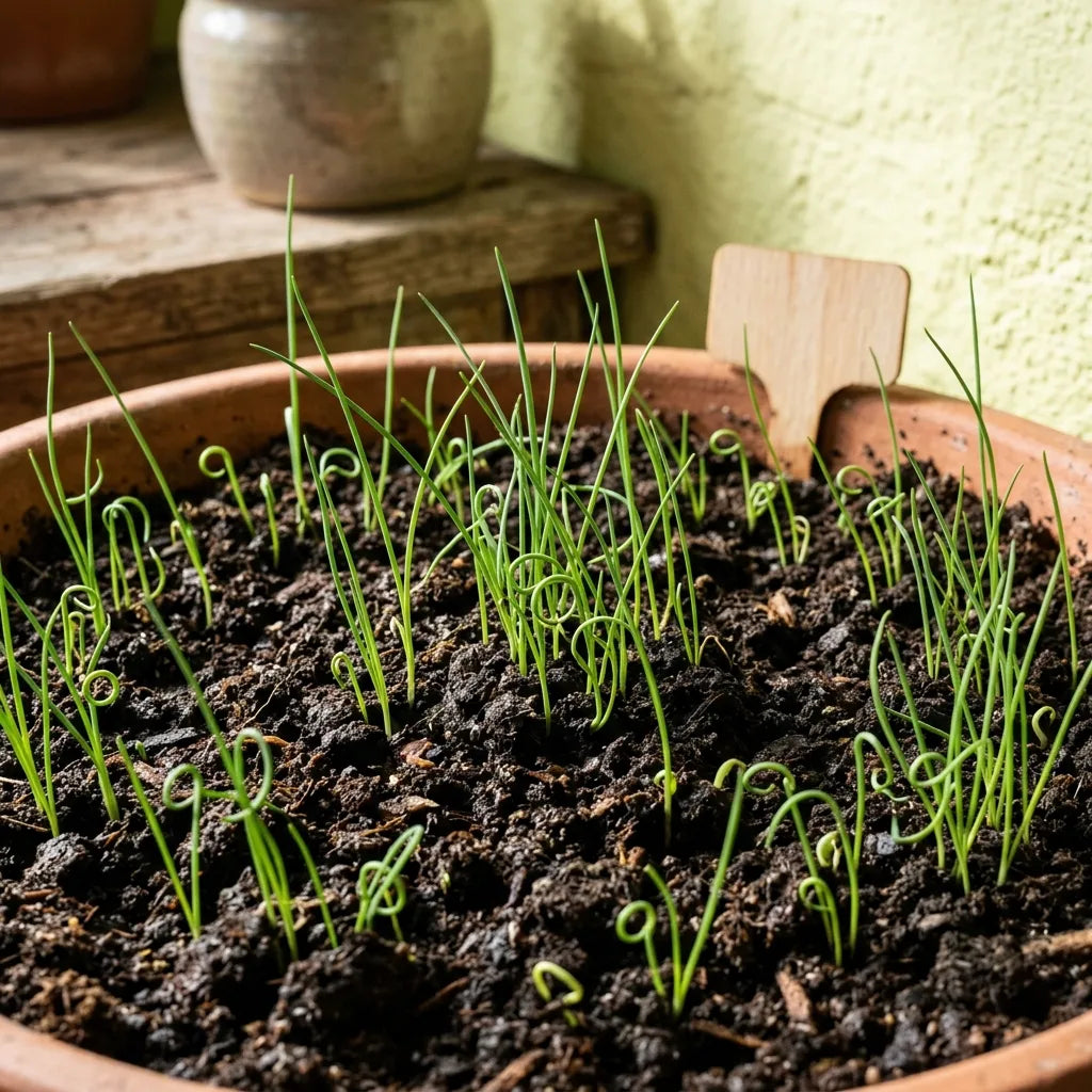 Jeunes plantules de ciboulette en crosse dans un godet de terre cuite