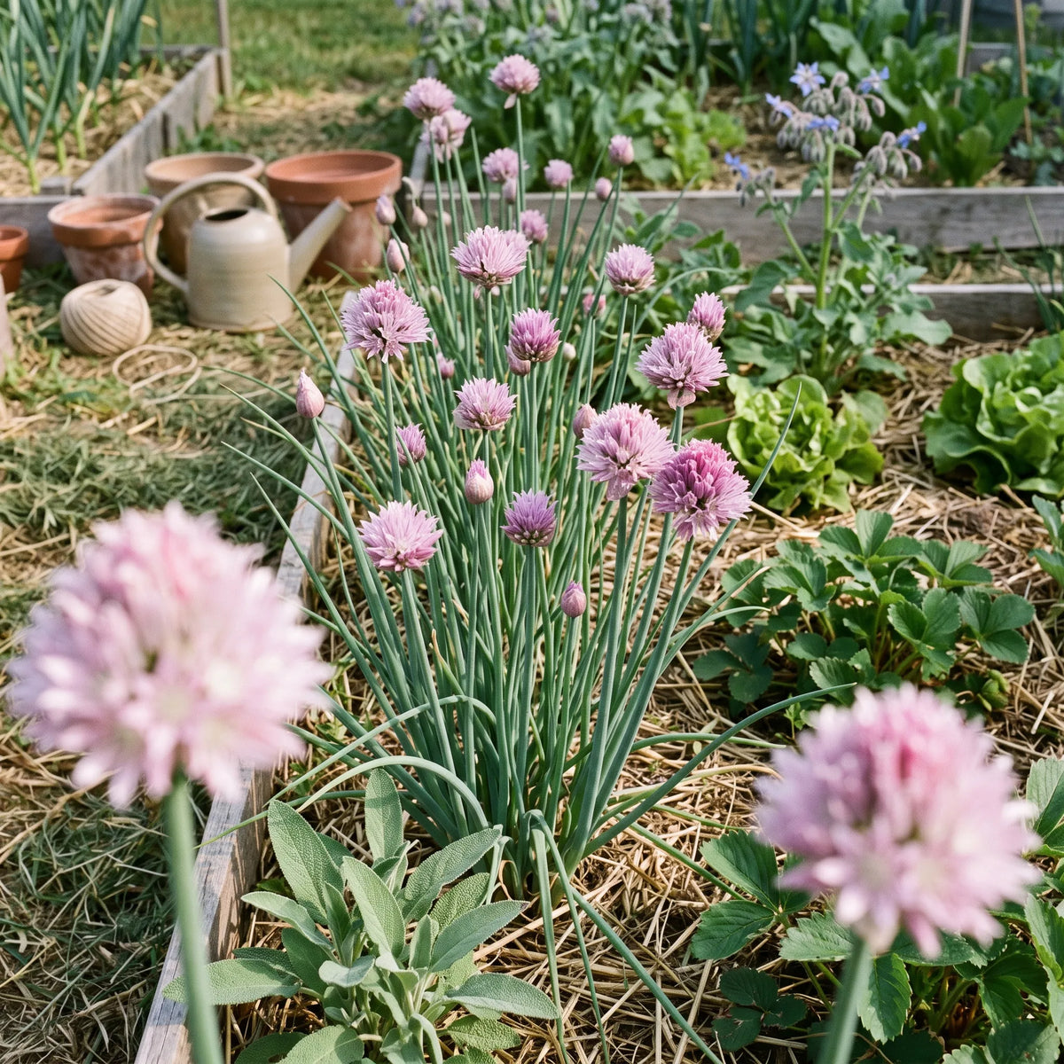 Touffes de ciboulette en fleur en bordure d'un potager en permaculture