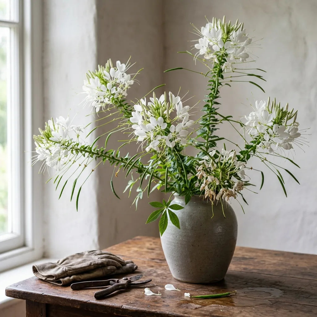 Bouquet de cléomes blanches dans un vase de grès — SemiSauvage
