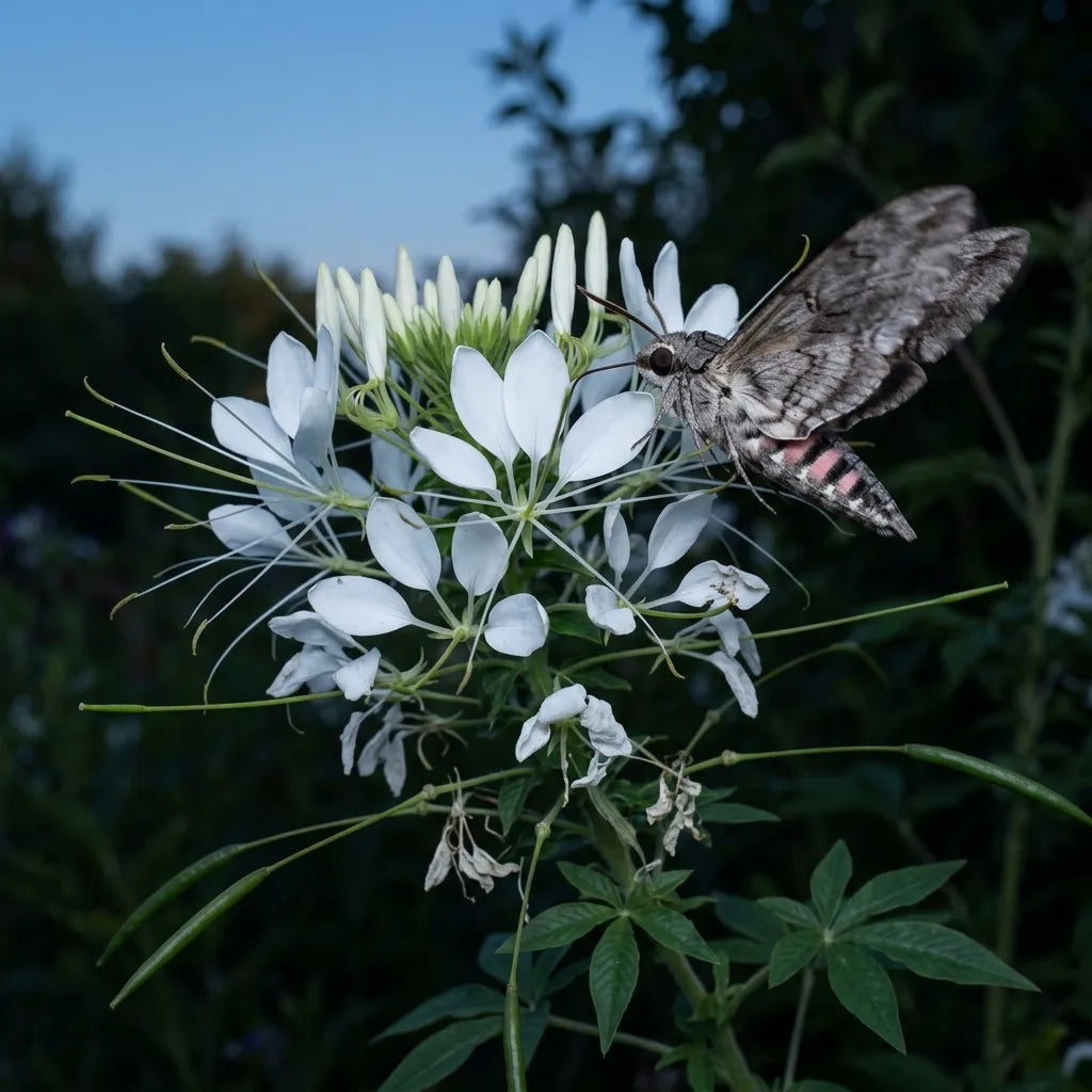 Cléome blanche au crépuscule visitée par un sphinx du liseron en vol stationnaire — SemiSauvage