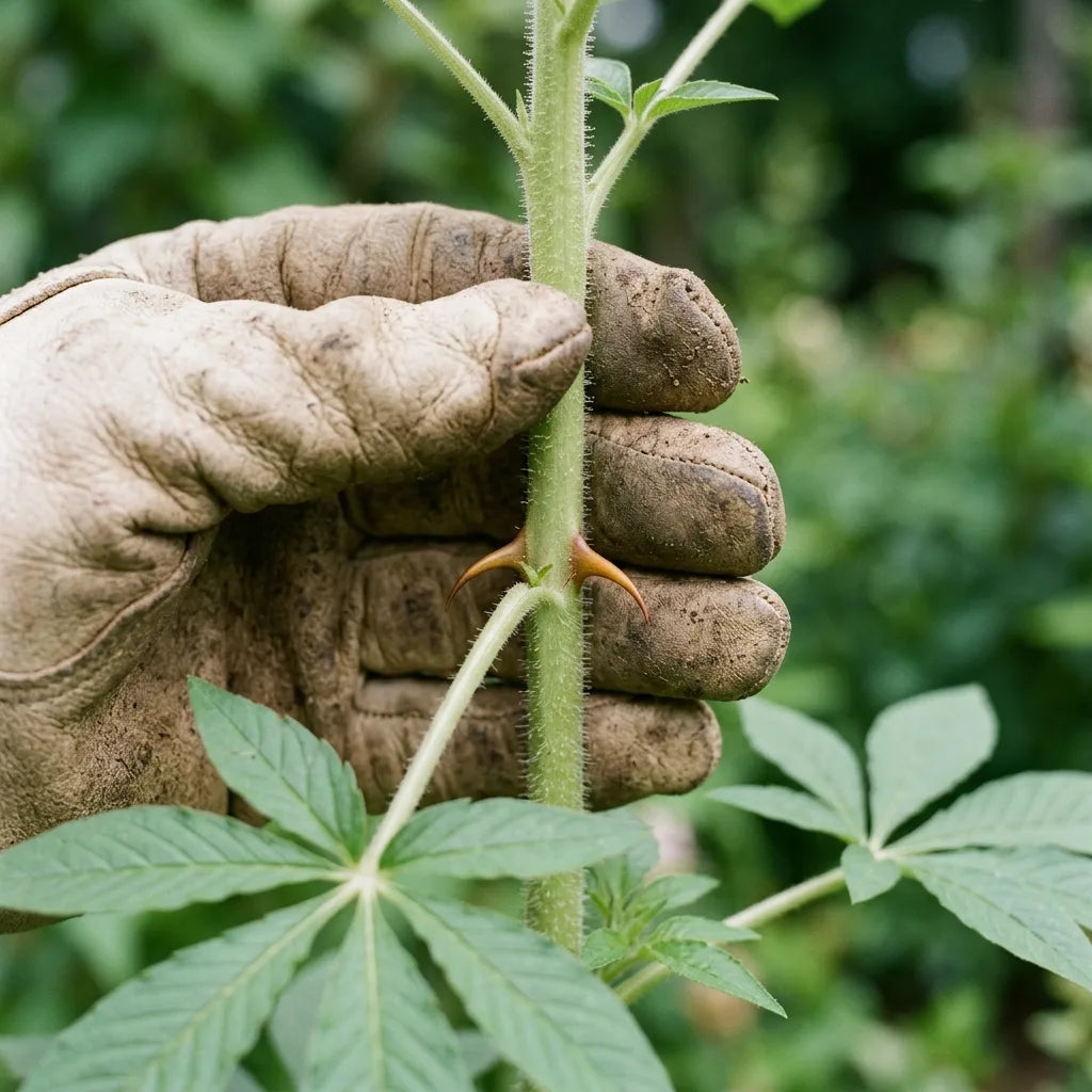 Épines de la tige de cléome blanche saisie avec un gant de jardin — SemiSauvage